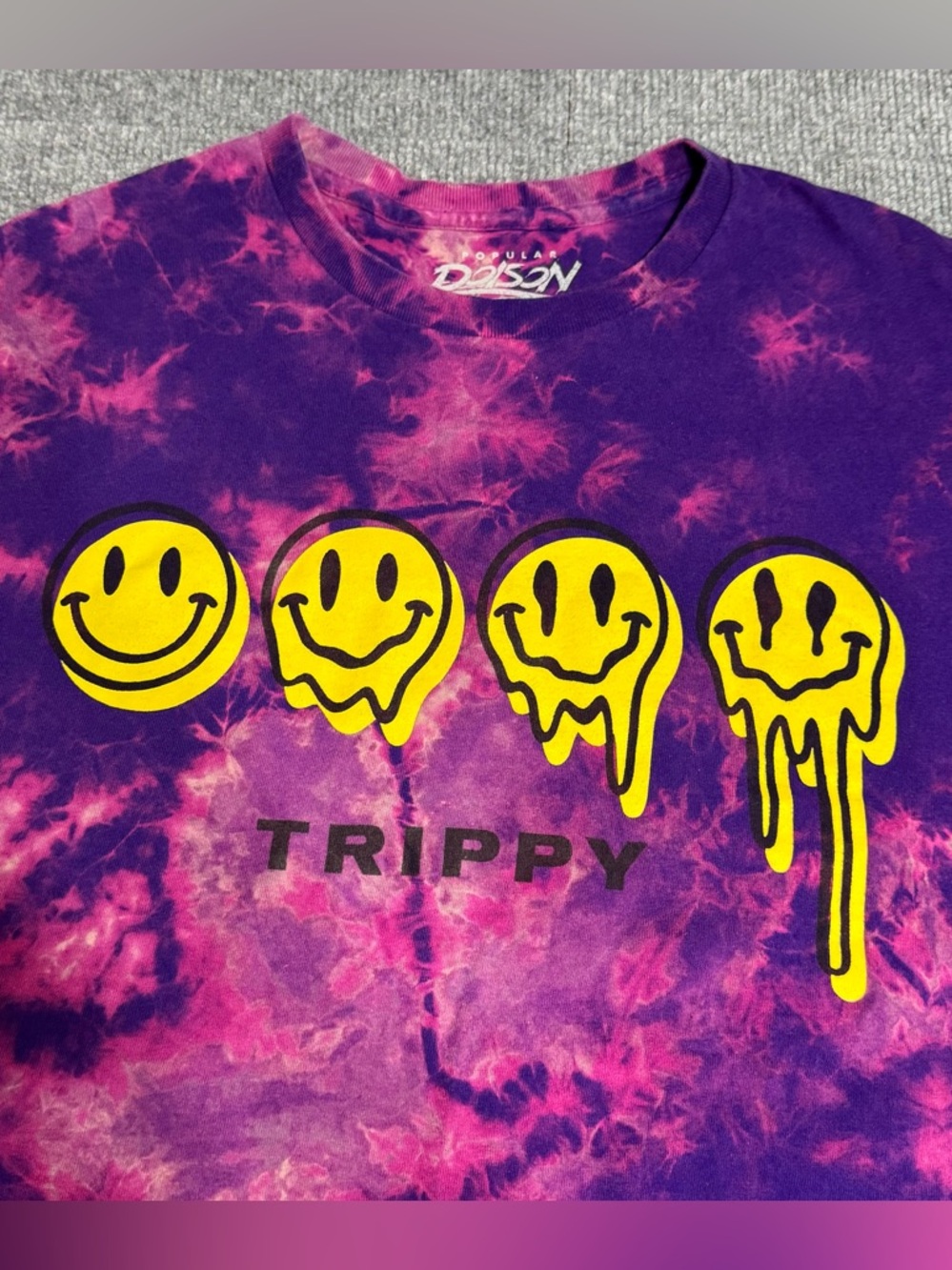 Popular Poison Trippy melting Smiley T-Shirt  Purple Tie Dye Streetwear L Y2K